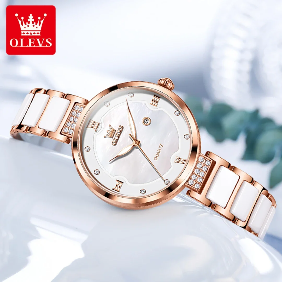 OLEVS 5589 Fashion Quartz Watch Round-dial Ceramic Watchband Calendar