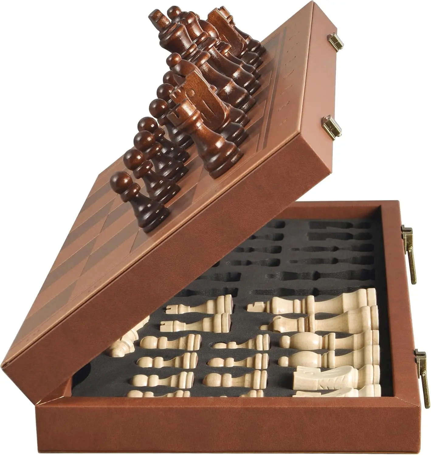 

Magnetic Chess Set 15.4' Leather Board with Handmade Pieces, 2 Extra Queens, Storage & Foldable Travel Chess Game