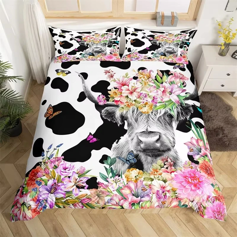 Highland Cow Duvet Cover Western Farm Animal Bedding Set Polyester Flower Wooden Cattle Quilt Cover Single Double For Boys Girls