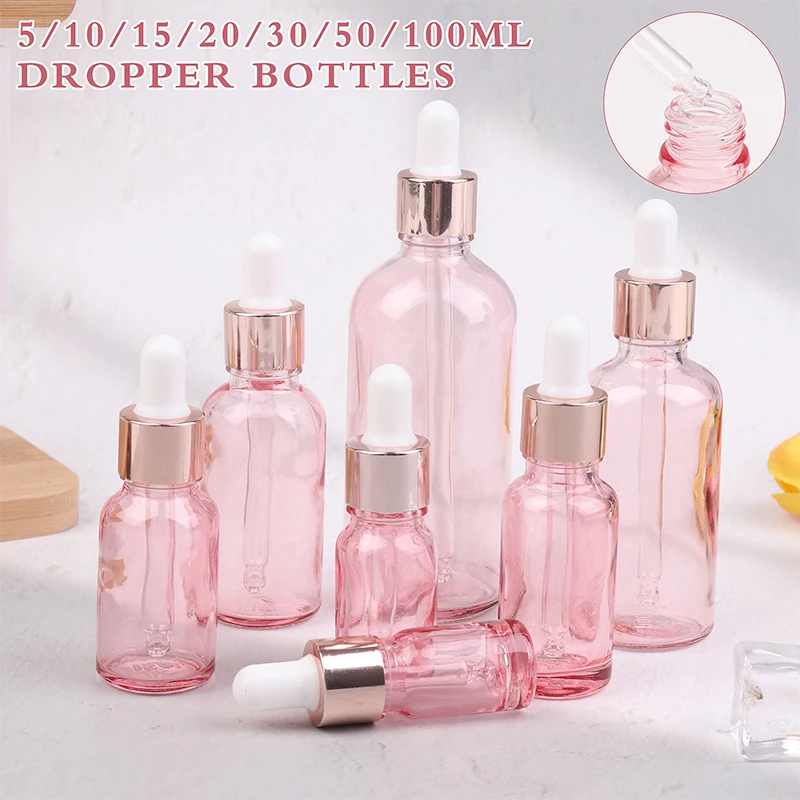 Tropfflaschen, nachfüllbar, 5–100 ml, Rosendeckel, Kosmetikbehälter, rosa Glas, Aromatherapie-Flüssigkeitspipette für ätherische Massage