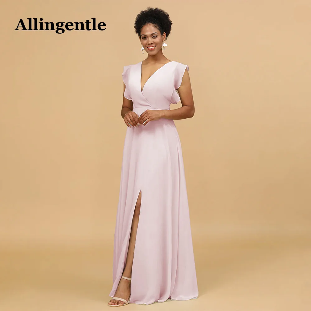 

Allingentle Light Pink Elegant Evening Formal Dress DeepV-Neck Chiffon A-Line With Slit Maxi Floor Length Custom Bridesmaid Gown