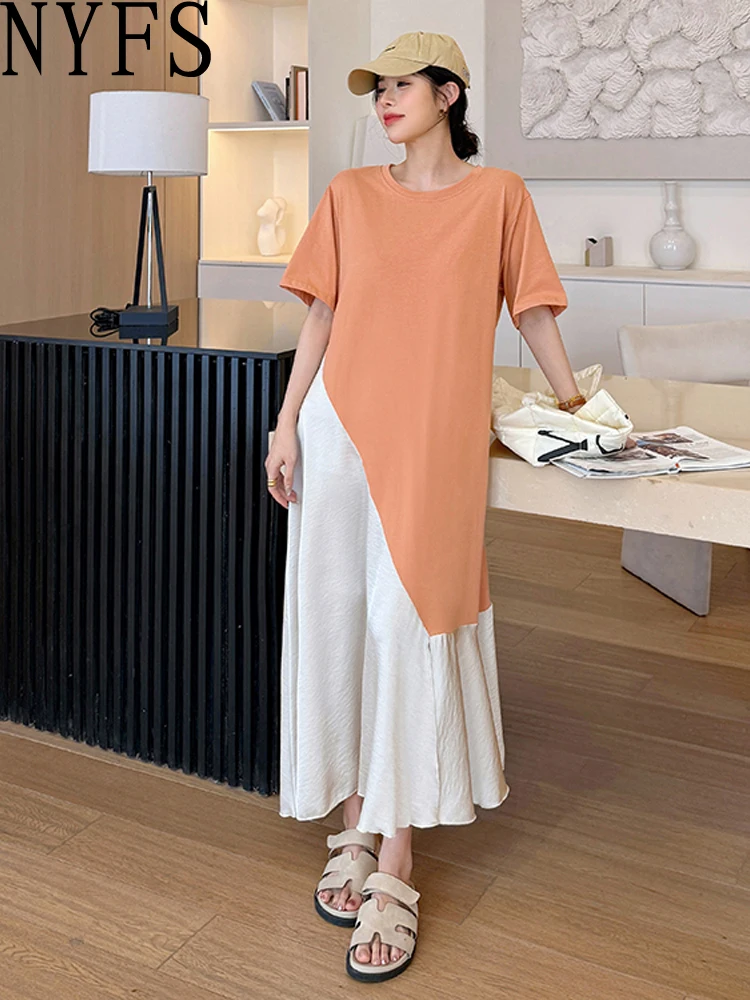 NYFS المرأة فستان صيفي فضفاض حجم كبير موضة كم قصير المرقعة الساتان خلات فستان طويل رداء Ete فام Elbise 2025 جديد #1