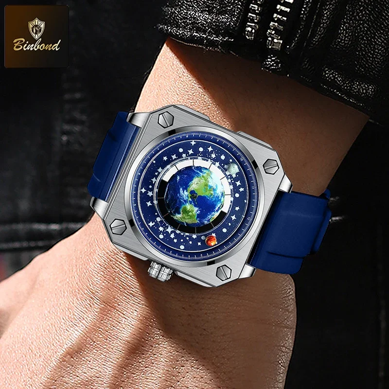 BINBOND الأكثر مبيعا ساعة كوارتز للرجال الدورية الأرض الهاتفي مفهوم جديد الإبداعية كوكب غير الميكانيكية سيليكون الشريط الرجال ساعة