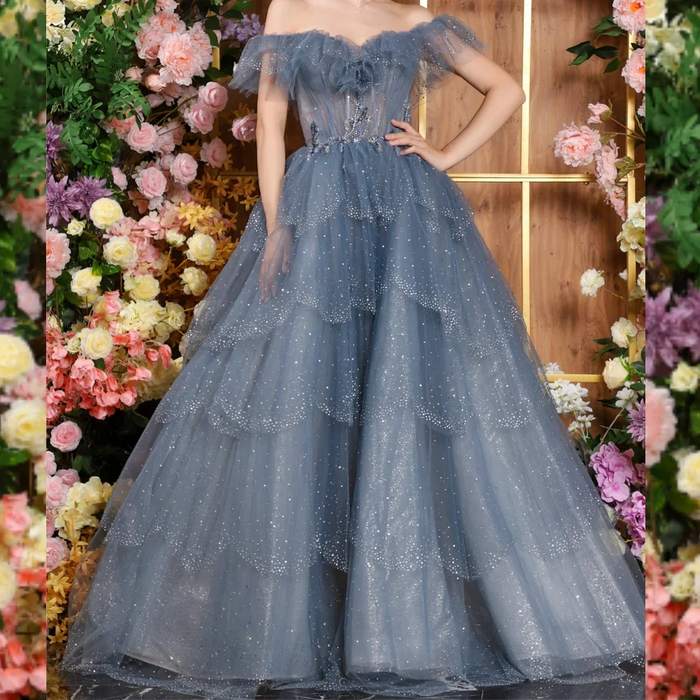 Women Long Blue Tulle Off Shoulder A-Line Empire Prom Sparkly Sequins Evening Dress Party Graduation Formal Ball Gown Customized