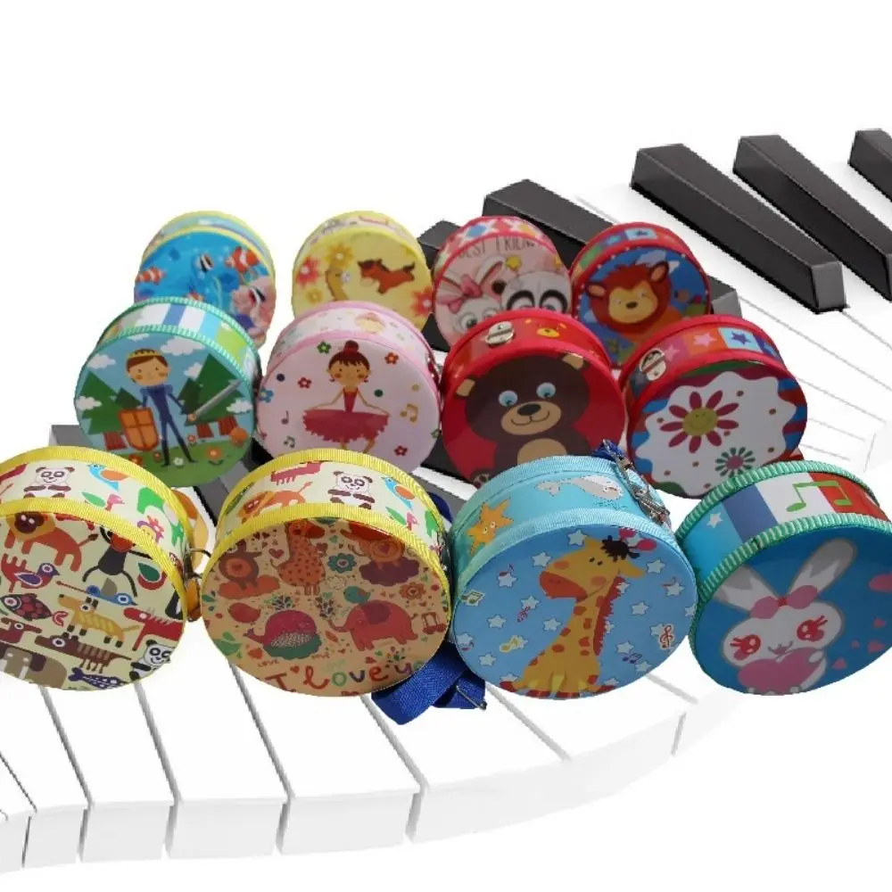 Wooden Children's Drum Double Sided Drum Sticks Strap Musical Instrument Educational Animal Pattern Kids Hand Drum Percussion