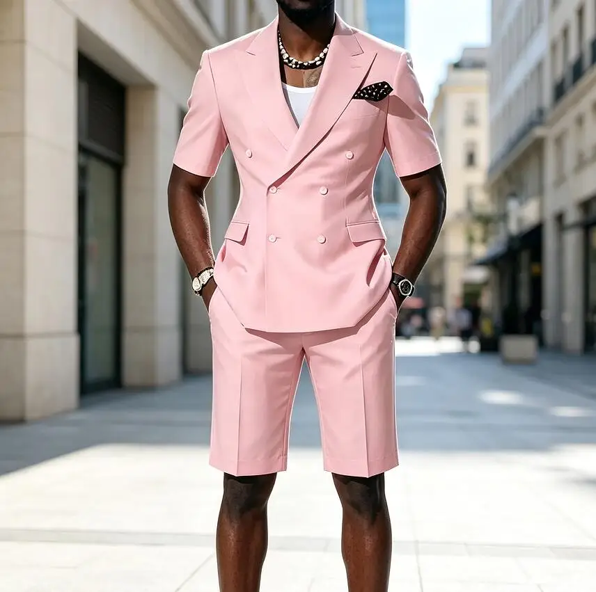 Latest Designal Pink Summer Men Suits Fashion Jacket with Short Pants Double Breasted Wedding Tuxedos 2 Piece Male Beach Blazer
