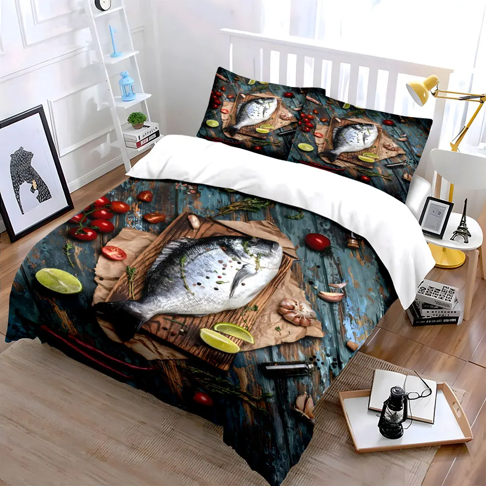 Fresh fish with seasoning ingredients Duvet Cover Set with 3D Printing Design Soft Polyester Bedding Set All-Season Comfort