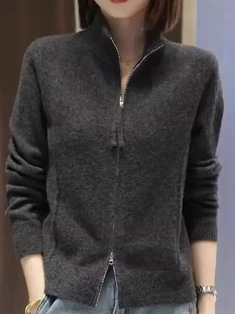

Удобный длинный вязаный кардиган све, однотонный дизайн с двойной молнией, повседневный шерстяной женский модный весенне-осенний дизайн