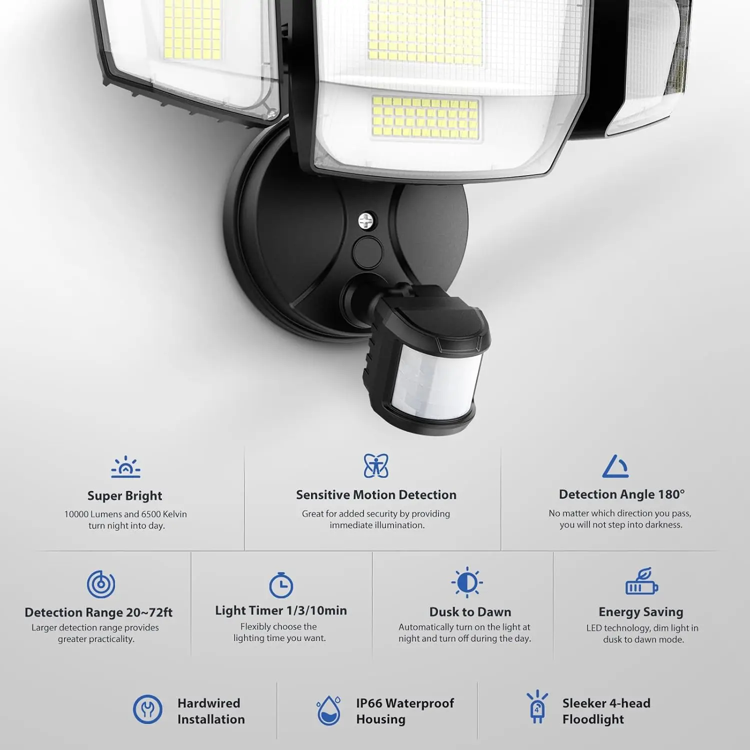Luzes de inundação externas com sensor de movimento LED 90W 10000LM, iluminação de segurança de 4 cabeças do anoitecer ao amanhecer, IP66 à prova d'água preta
