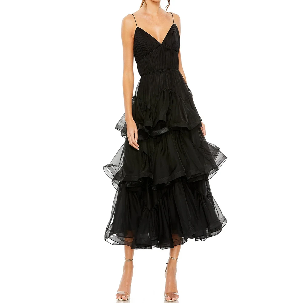 

Women's A-line Cocktail Dresses Tea-length Spaghetti Strap Sleeveless Prom Gown Simple Fashion Pleat Draped Customized Gowns