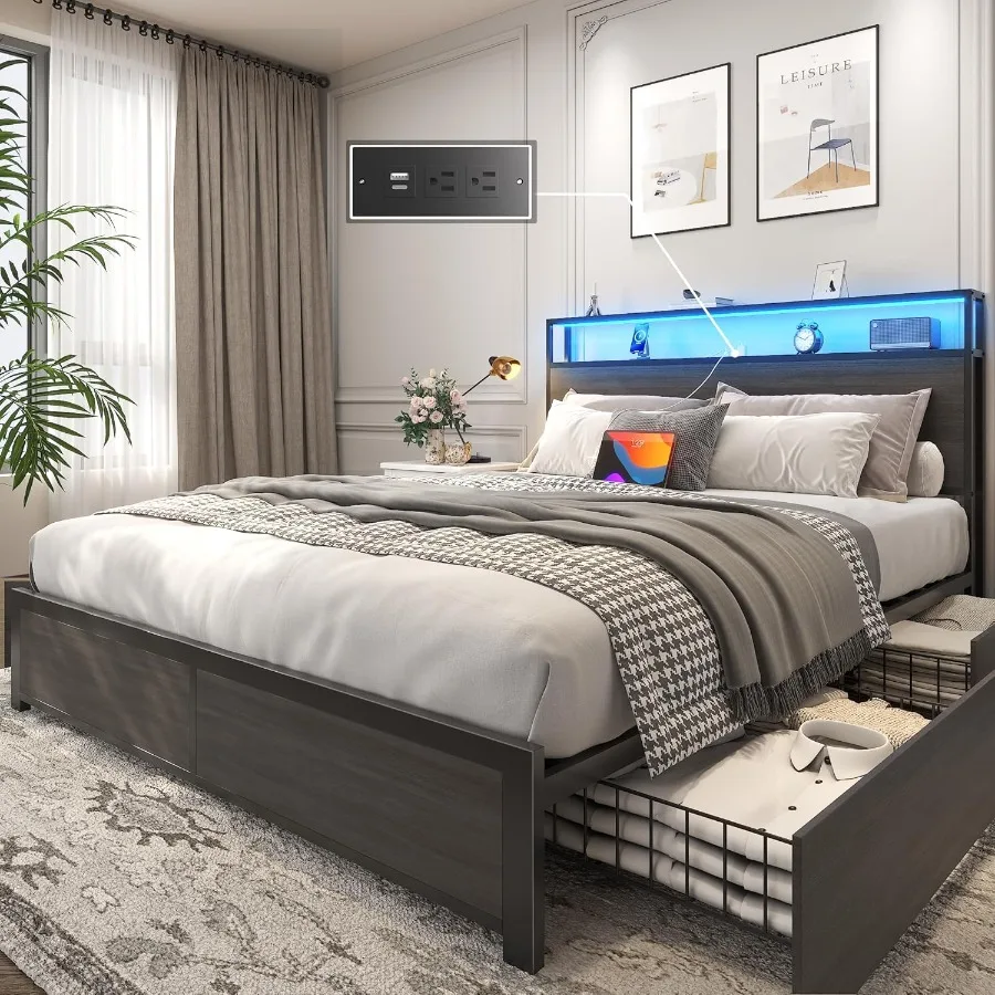 Queen Bed Frame with 2-Tier Storage Headboard Featuring 4 Storage Drawers Built-in Charging Station with LED Lighting Noise-Fre