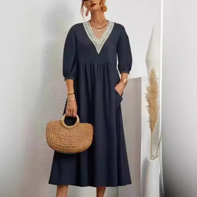 

Relaxed Oversize Women'S Dress Fashion Lace V Neck Pullover Dresses Solid Large Hem Skirt Side Pocket Streetwear Vestidos Robe