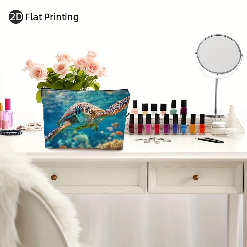 Bolsa de maquiagem com padrão de tartaruga subaquática e recife de coral - bolsa multifuncional com zíper, bolsa de armazenamento de joias, zíper de viagem perfeito