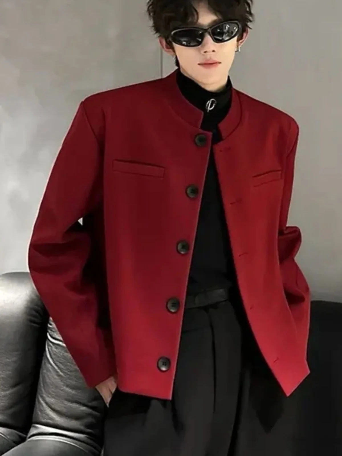

Мужской костюмный пиджак с отворотами на плечах, весенне-осенний, повседневный, с высоким воротником, декорированный пуговицами, вязаный, свободного кроя, молодежный тренд, китайский бренд