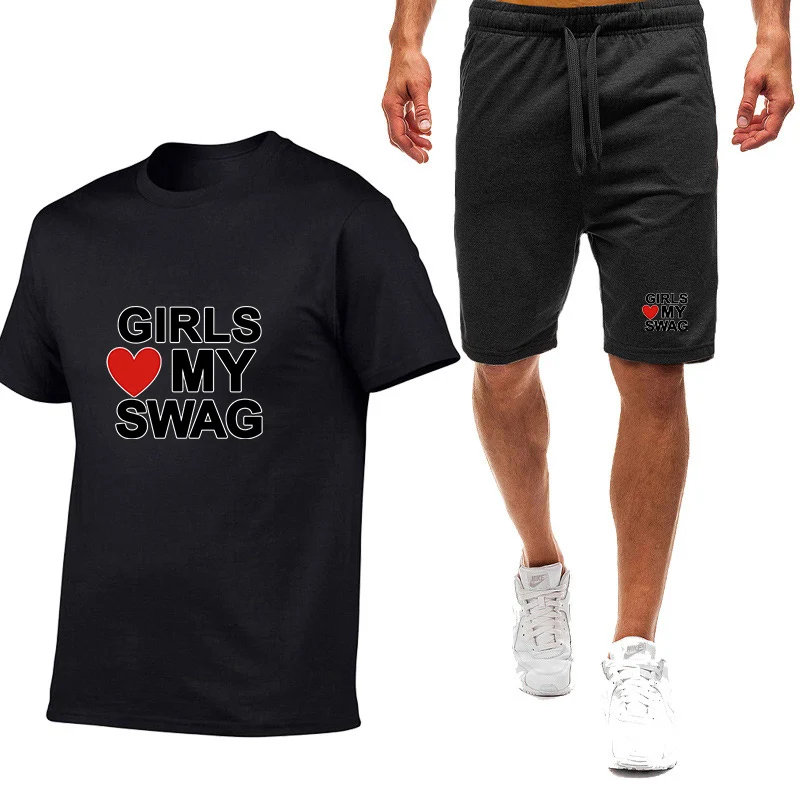 

2025 GIRLS LOVE MY SWAG Funny Logo Print Summer Men's Quick Dry Moisture Wicking Round Neck Lightweight T-shirt Pants Suits