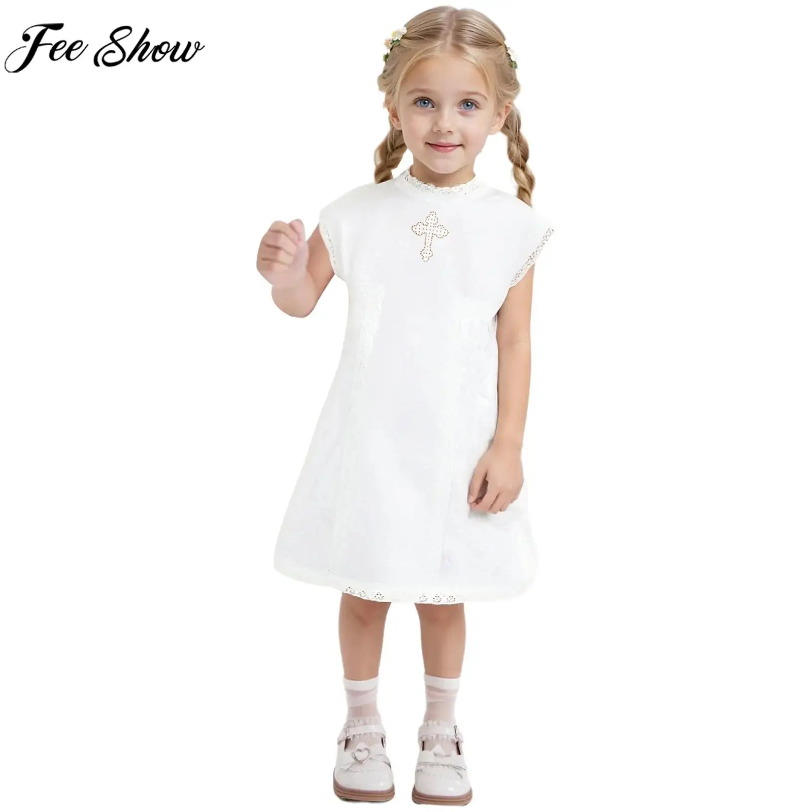 

Baby Girls Christening Gown Short Sleeve White Lace Rhinestone Party Dress for Baptism Birthday Wedding Christmas Church Prayer