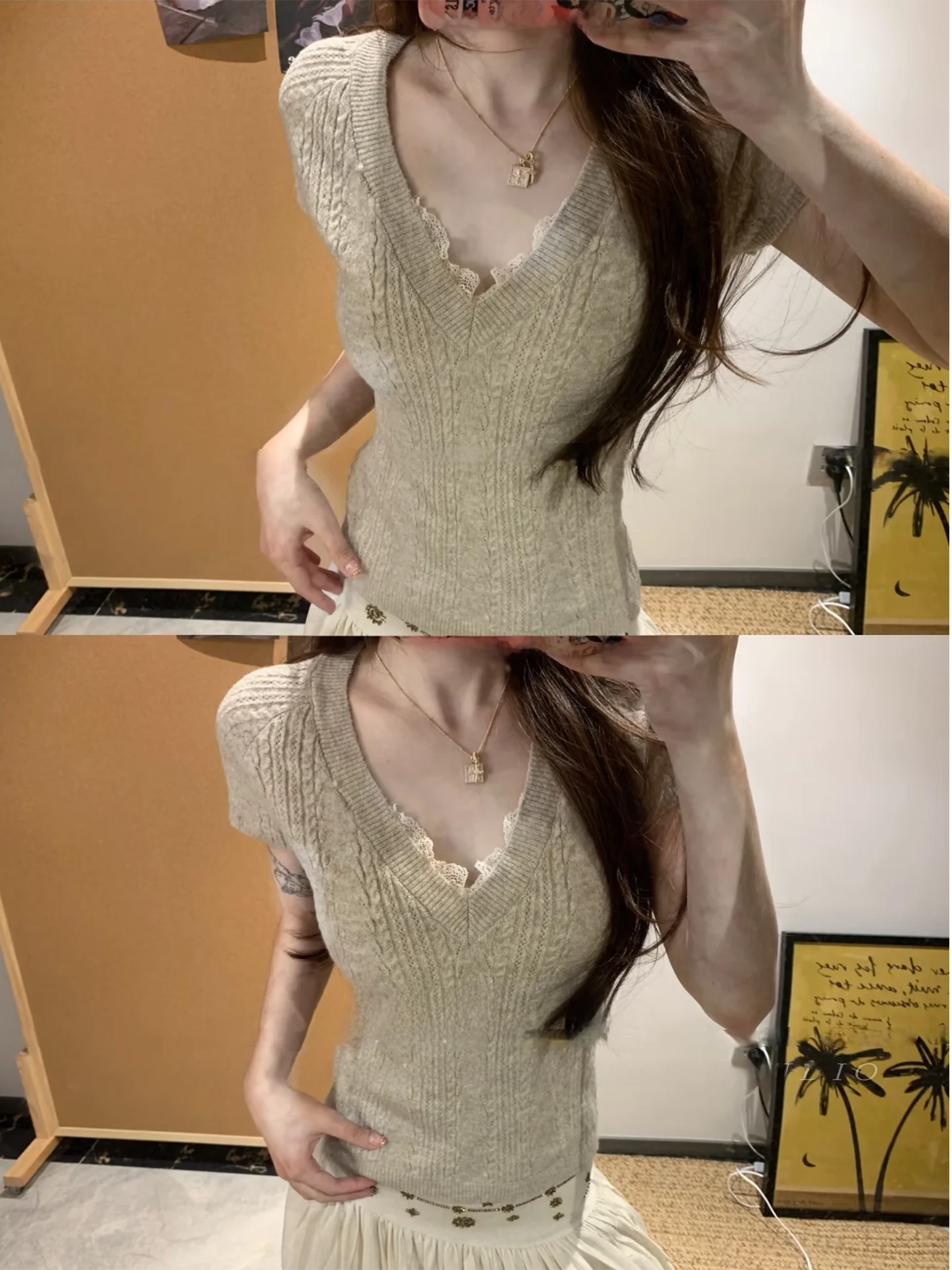

Spring Lace Splice V-neck Knitted Short Sleeve Slimming Top for Girls Soft Comfortable Breathable Fashionable Casual Style
