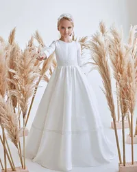 White Elegant Flower Girl Dress for Wedding O-neck Floor Length Half Sleeves Kids First Communion Pageant Birthday Gown