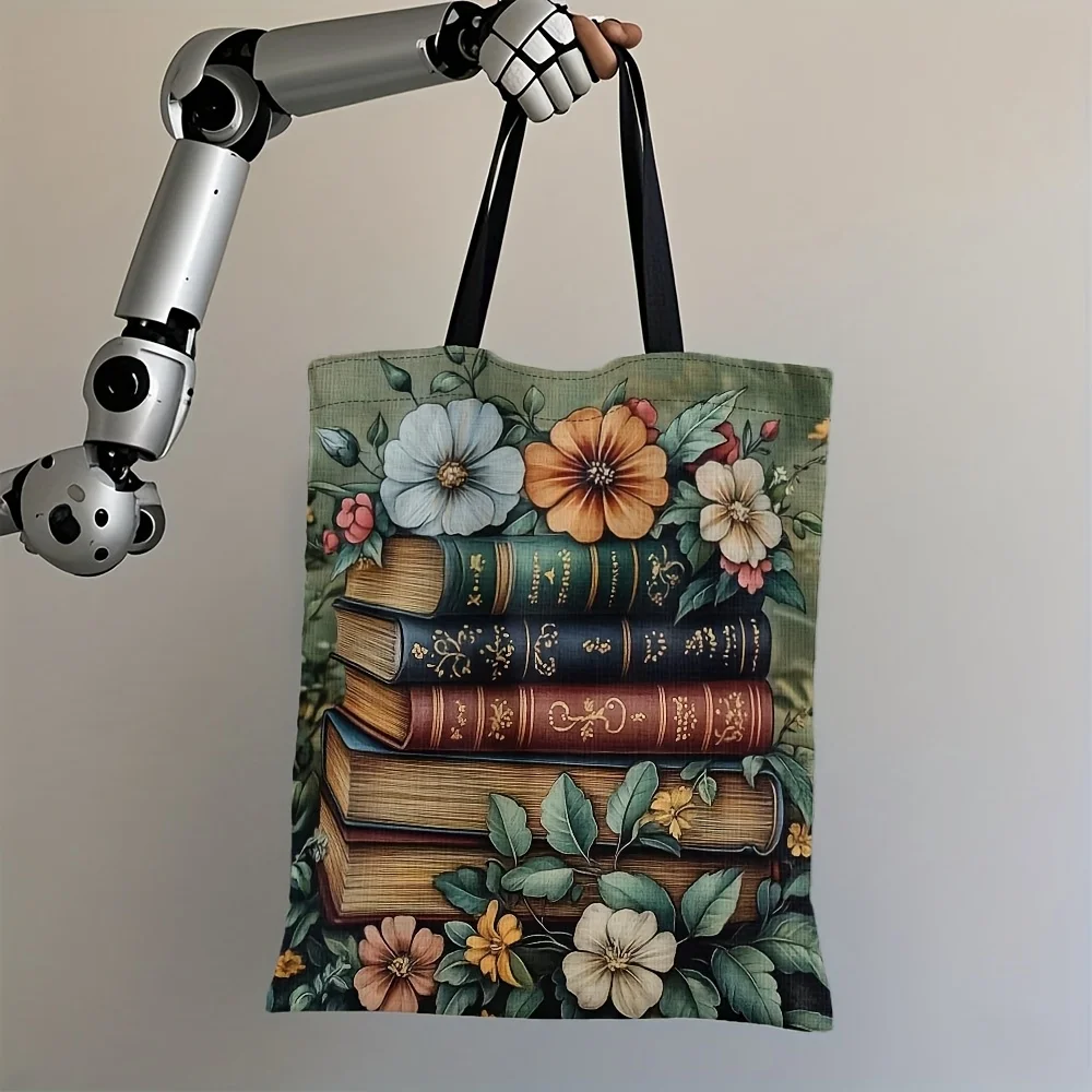 Lightweight Polyester Tote Bag, Floral Books Pattern Sturdy, Multipurpose Shoulder Grocery Bag for Book Lovers Handbag
