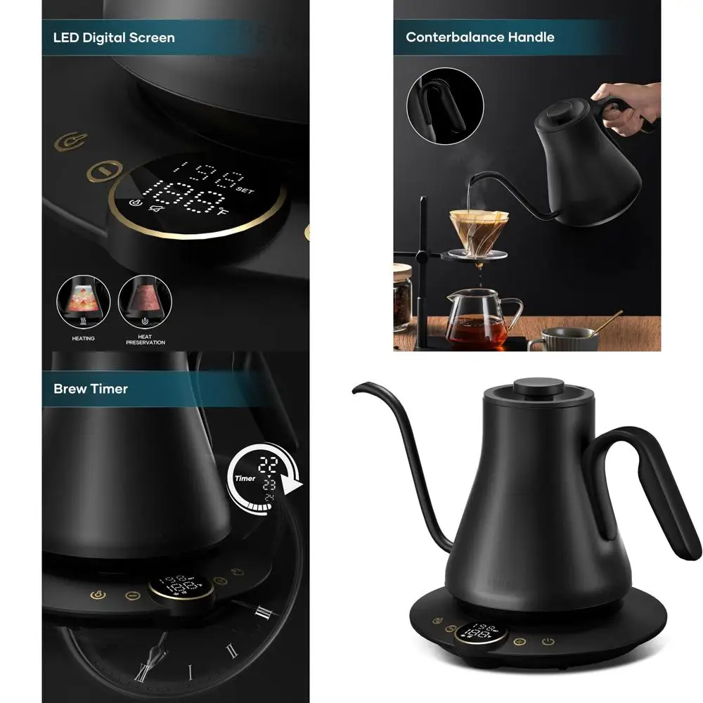 

Gooseneck Electric Kettle with ±1℉ Temperature Control for Pour Over Coffee & Tea, Quick Heating, BPA-Free Stainless Steel, Buil