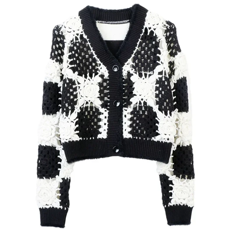 

2023 Autumn/Spring New Women's Sweater Hollow Hook Flower V-Neck Long Sleeve Loose Black and White Short Women's Knitted Top