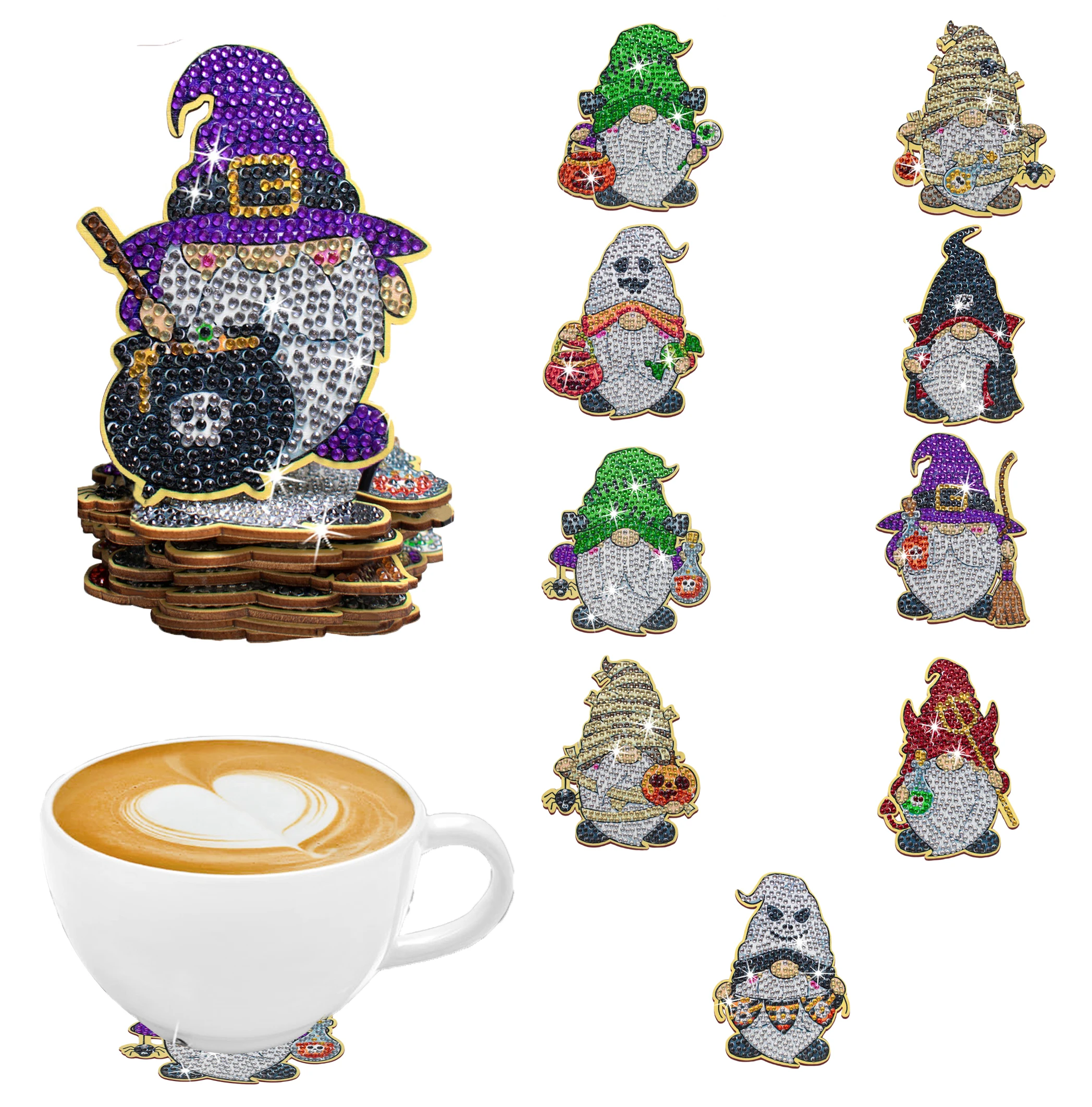 10-DIY-Diamant-Malerei-Kunstset, Halloween-Zwergmuster-Untersetzer, spezielle Form, Kristall, künstlicher Diamant, Mosaik-Handwerk