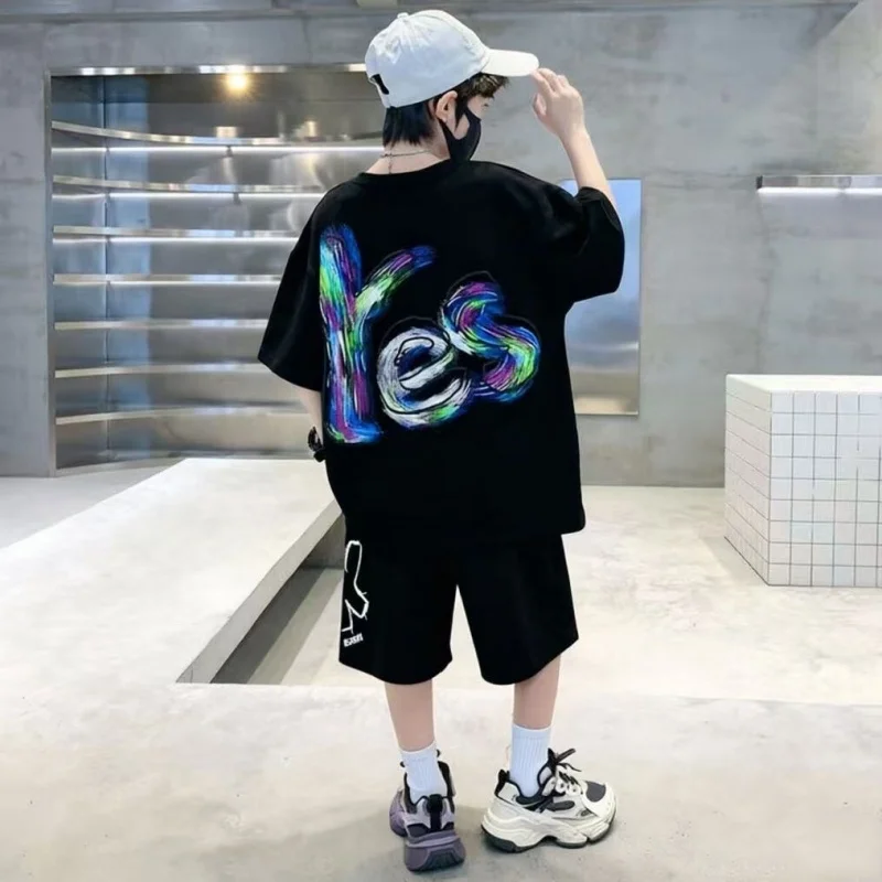 

Cotton Hip Hop Kids Boys Clothing Sets Summer Loose Letter T-Shirt + Shorts 2PCS Outfits Sport Children Clothes Teen 4-14 Years