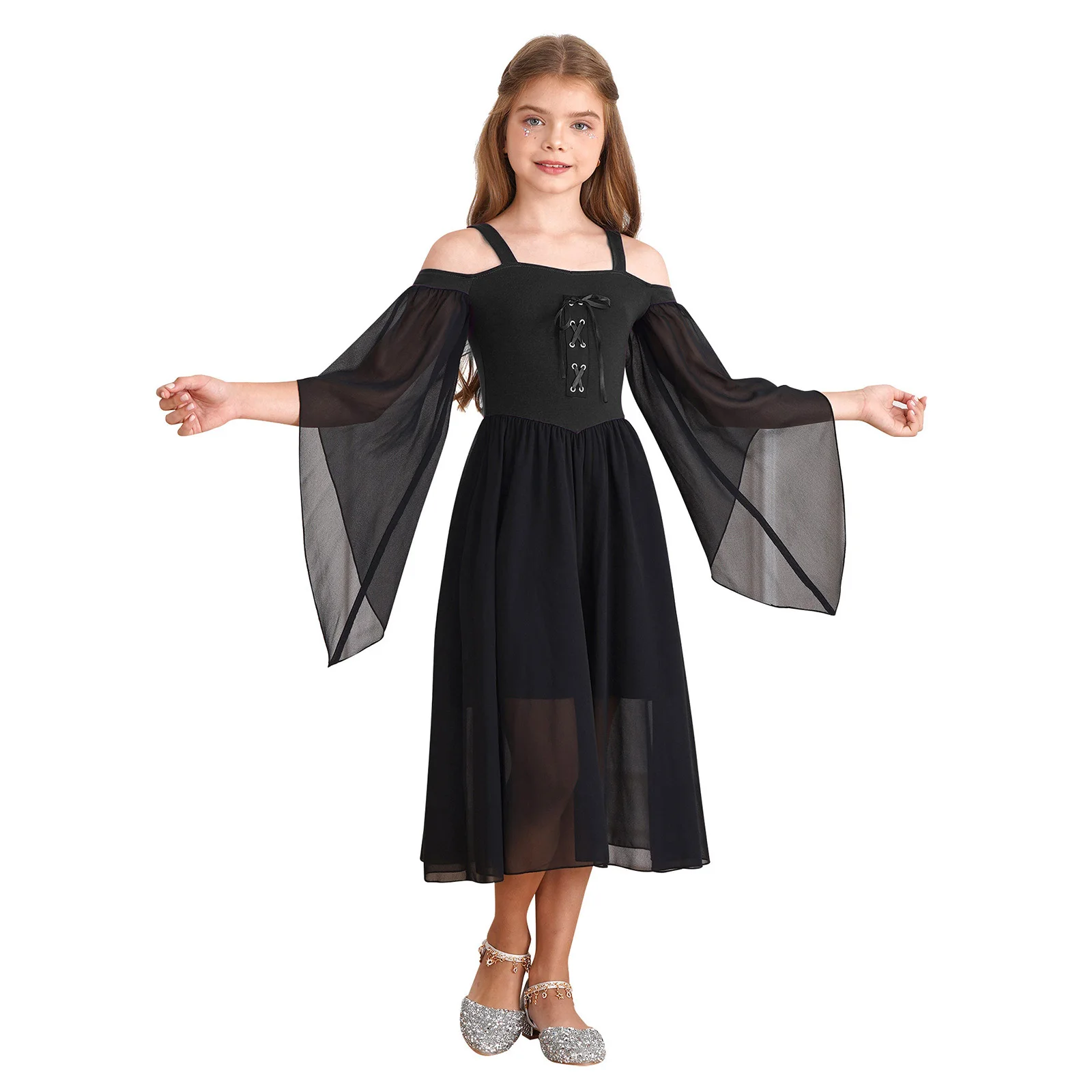 Children Retro Dance Dress Girls Halloween Party Medieval Renaissance Vampire Cosplay Costume Cold Shoulder Lace Up Gothic Gown