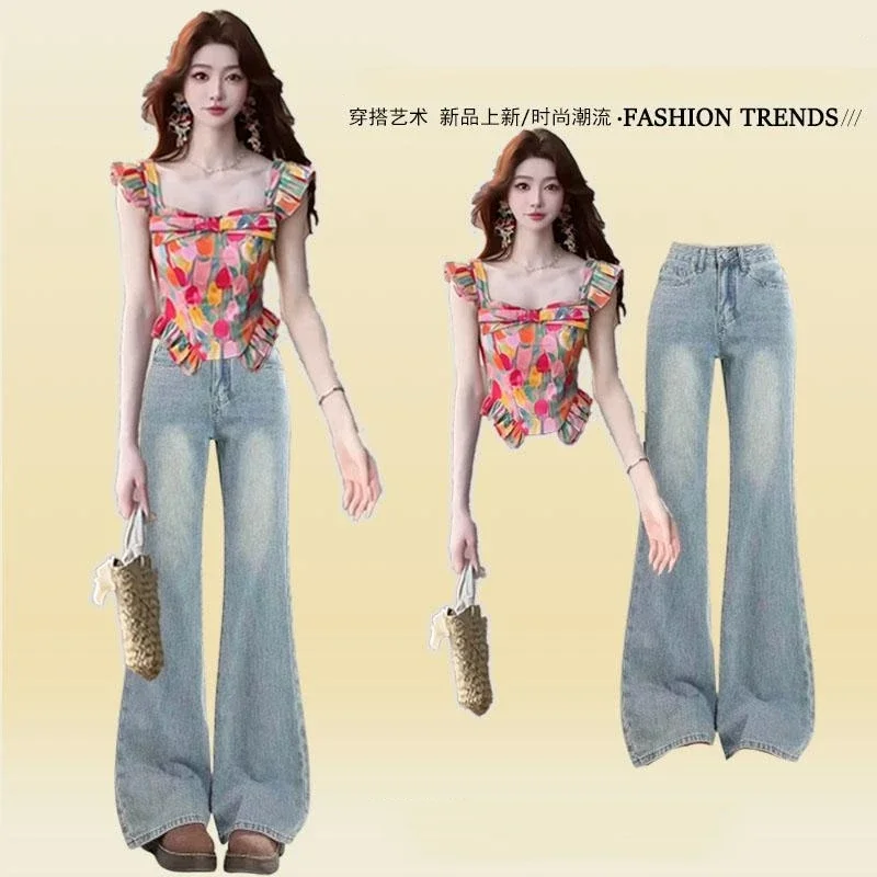 

2025 Summer Beach Travel Matching Sets Women Hotsweet Floral Slim Tank Tops Denim Pant Two Piece Suit Lady Pullover Jeans Outfit