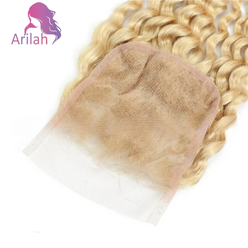 613 Deep Wave 4x4 Human Hair Blonde Closure Pre Plucked Brazilian Remy 4x4 Deep Wave Curly Human Hair Lace Closure