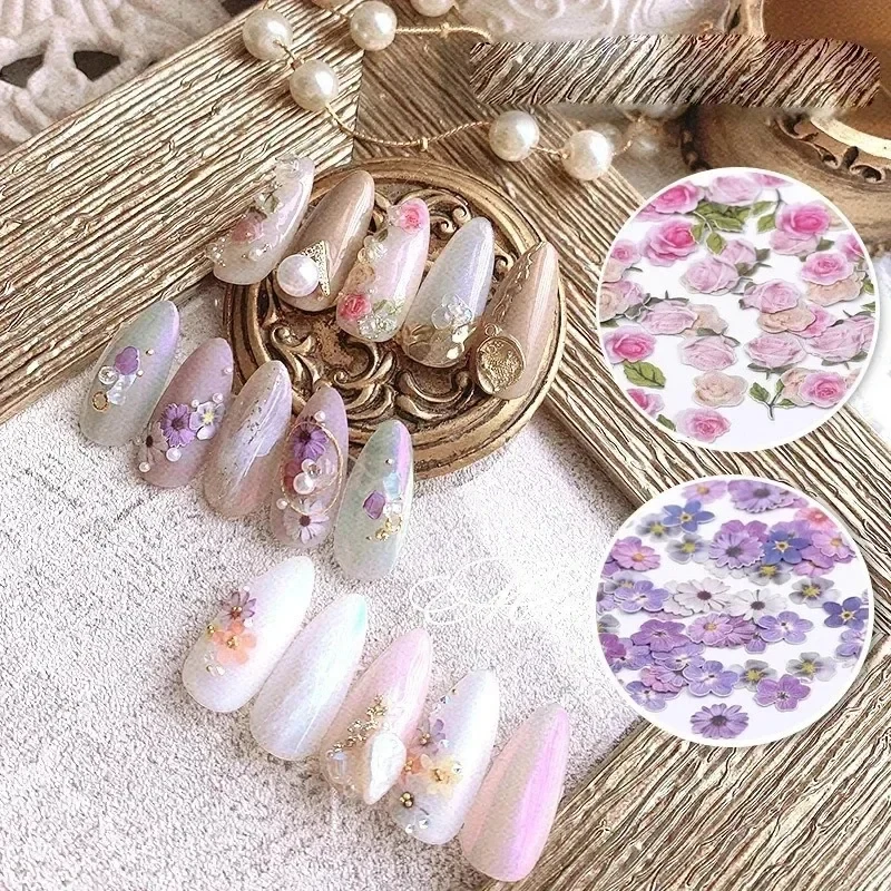 1-4 Boxen Nagelblumen, ultradünne Holzfaser-Patches, farblich gemischte Dekoration, kleine Gänseblümchen, Rosen, Nagelkunst, DIY-Zubehör