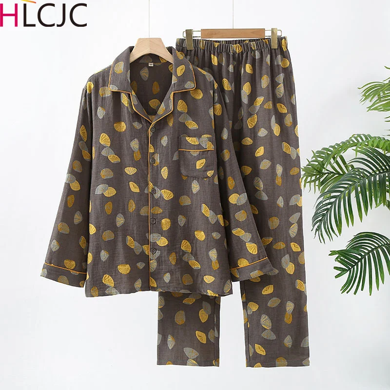 

Autumn Yarn-dyed Jacquard Cotton Crepe Pajama Set Men Shell Print Long-sleeved Cartoon Loungewear Casual Sleepwear for Male New