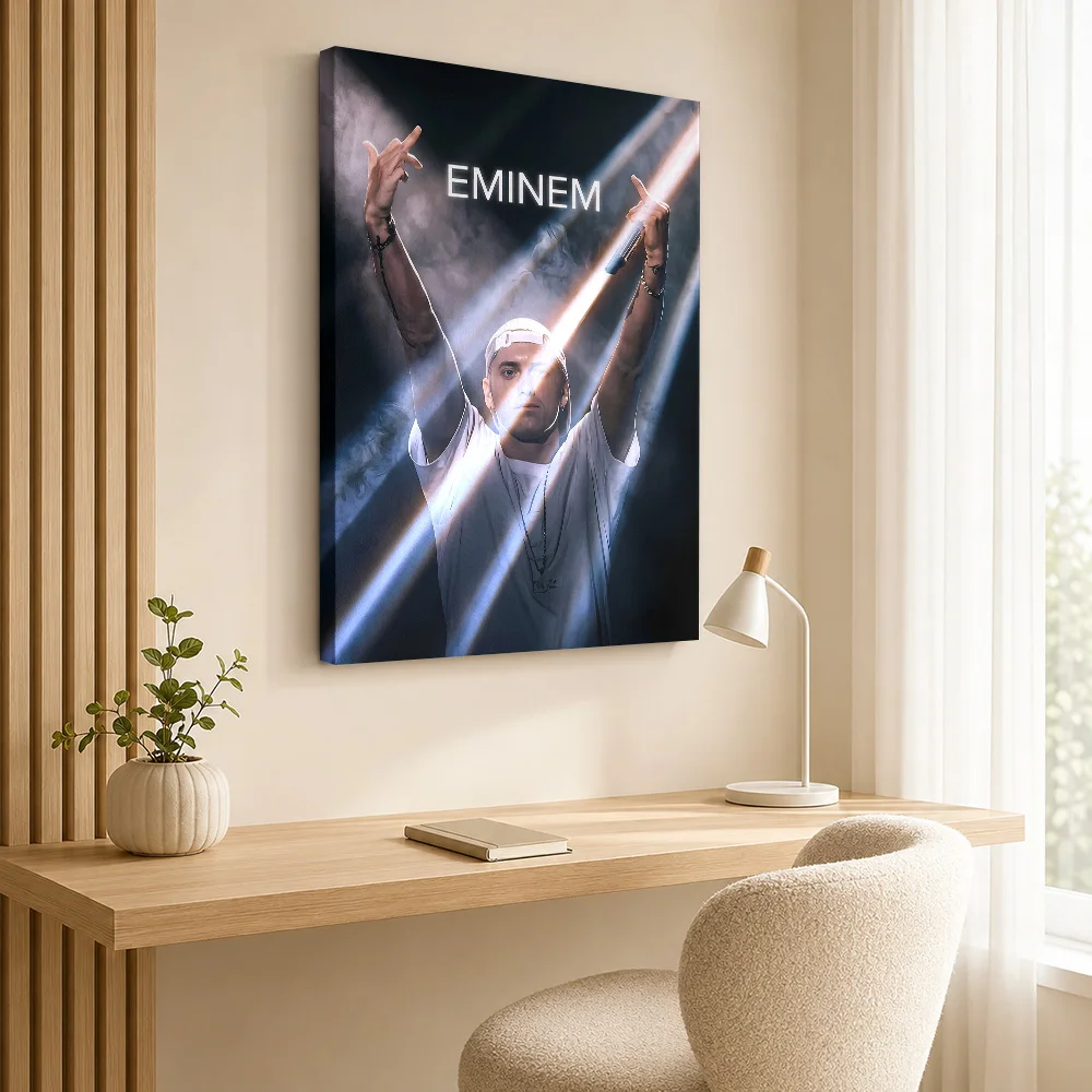Eminem With Arms Raised On Stage Framed Canvas Print Personalized Photo Crossing Light Beams Wall Art For Music Listening Room