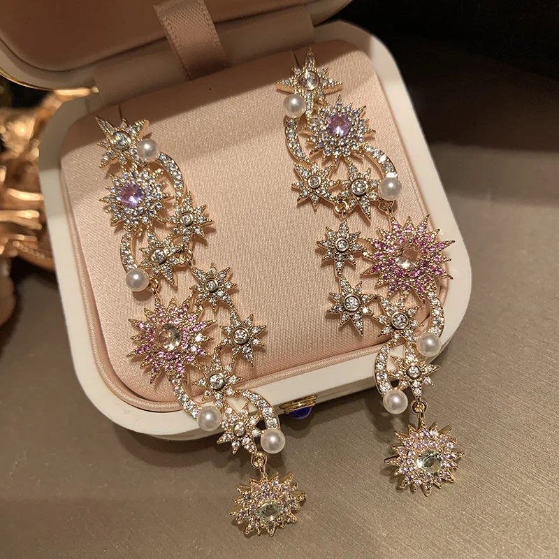 

Glamorous Sunburst Star moon Earrings Halo-Set Purple CZ Pearl Drop Earrings for Women Formal Occasion Jewelry