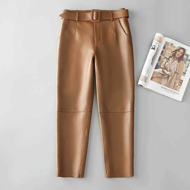 S-2XL First Layer Sheepskin Trousers For Women Mid-waist Package Hip A-line Ankle-Length Pants Chic Female Real Leather Pants