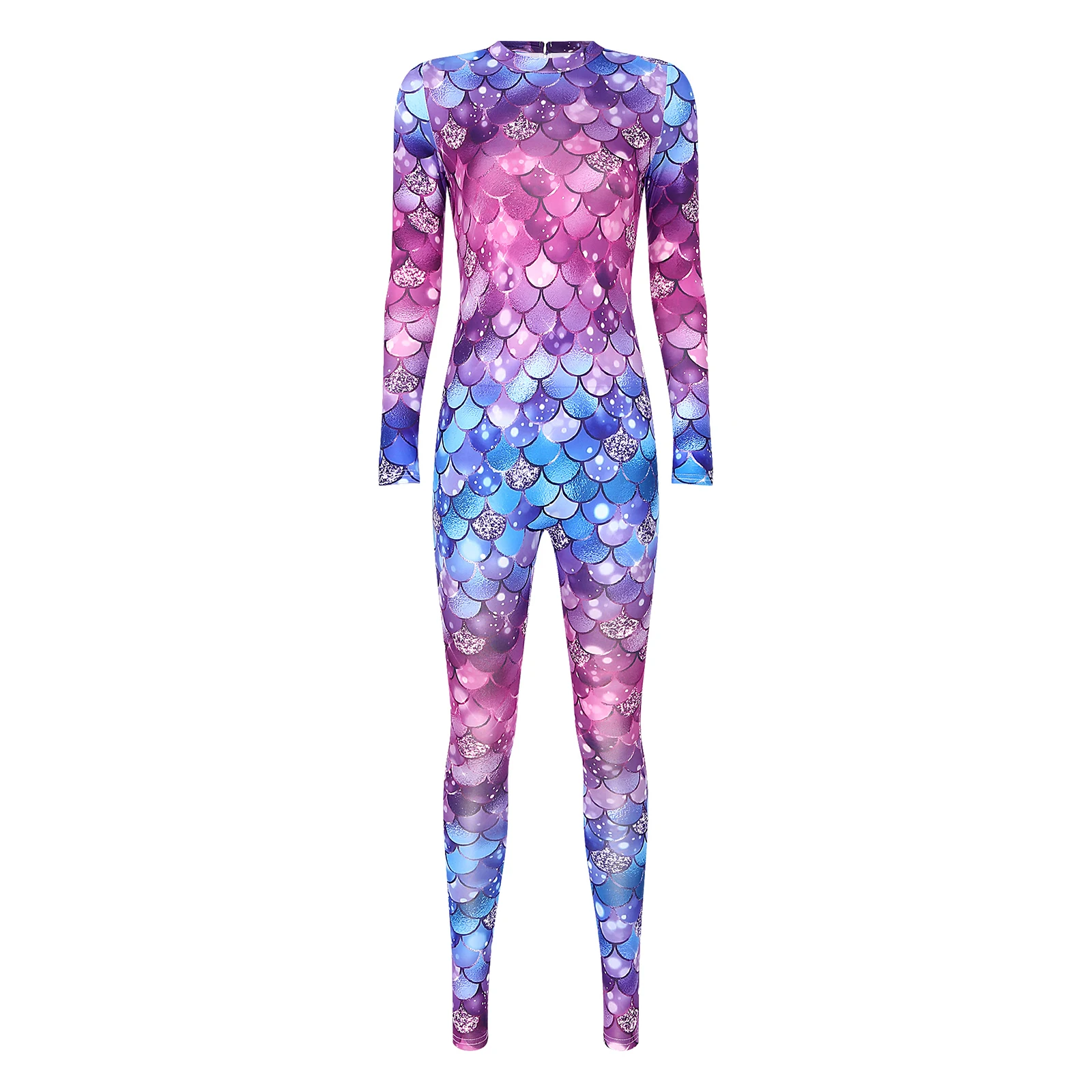 Womens Mermaid Costume Fish Scale Print Jumpsuit One Piece Long Sleeve Catsuits Back Zipper Full Body Stretch Bodysuit Swimsuit