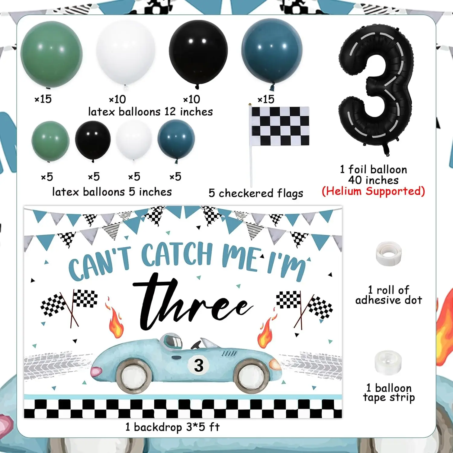 Vintage Race Car 3rd Birthday Decor Boys Balloons Arch Garland Kit with Can't Catch Me I'm Three Backdrop Checkered Flags