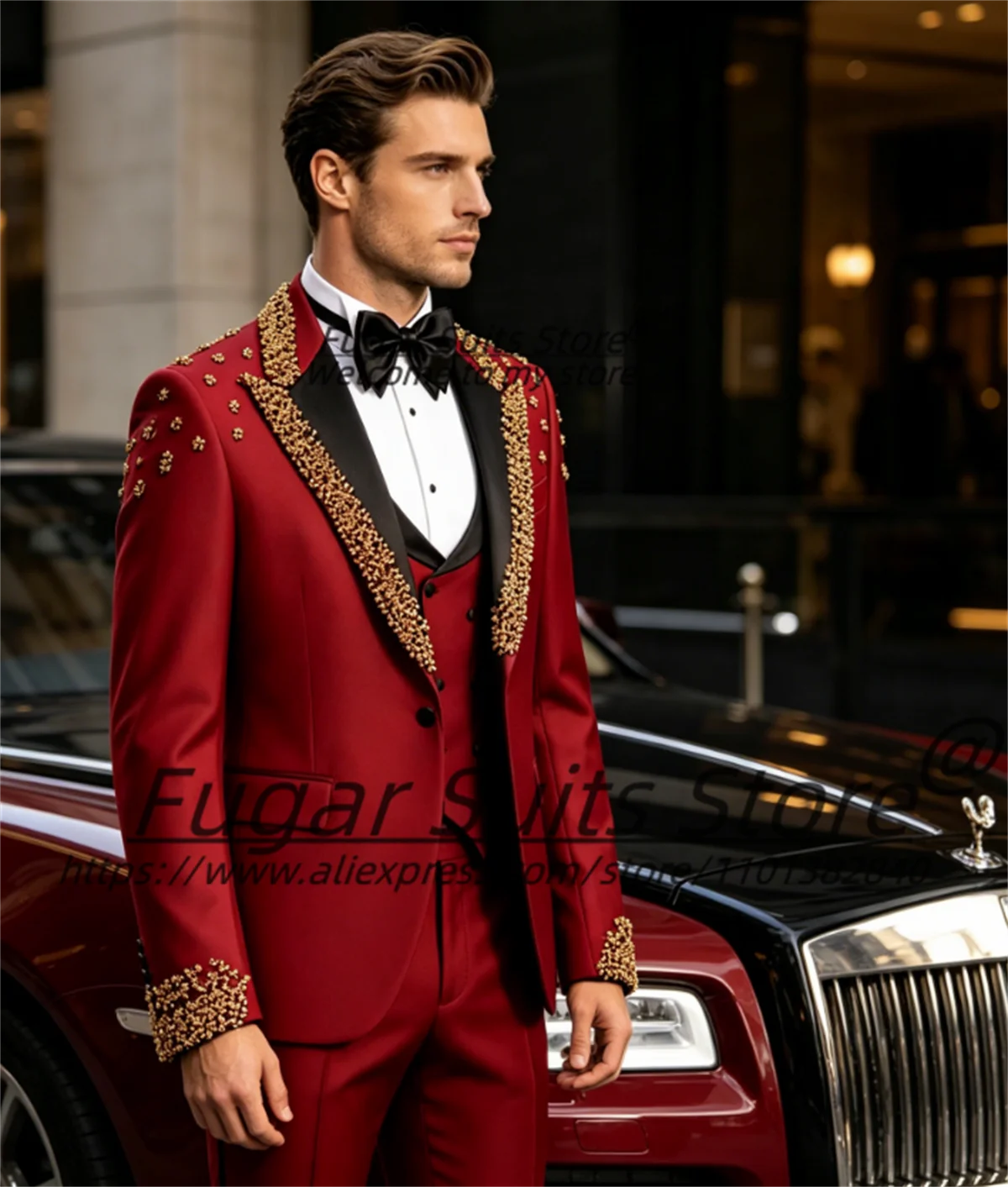 Customized Shiny Pearls Beading Prom Men Suits Slim Fit Peak Lapel Groom Wedding Tuxedos 3Pcs Sets Male Prom Blazers Ropa Hombre