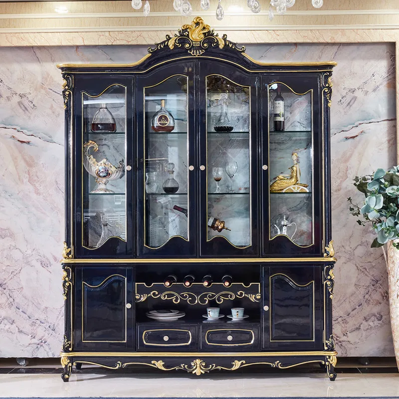 European Style Wine Cabinet Solid Wood High-end Restaurant Side Cabinet Four-door Wine Cabinet High Storage Cabinet