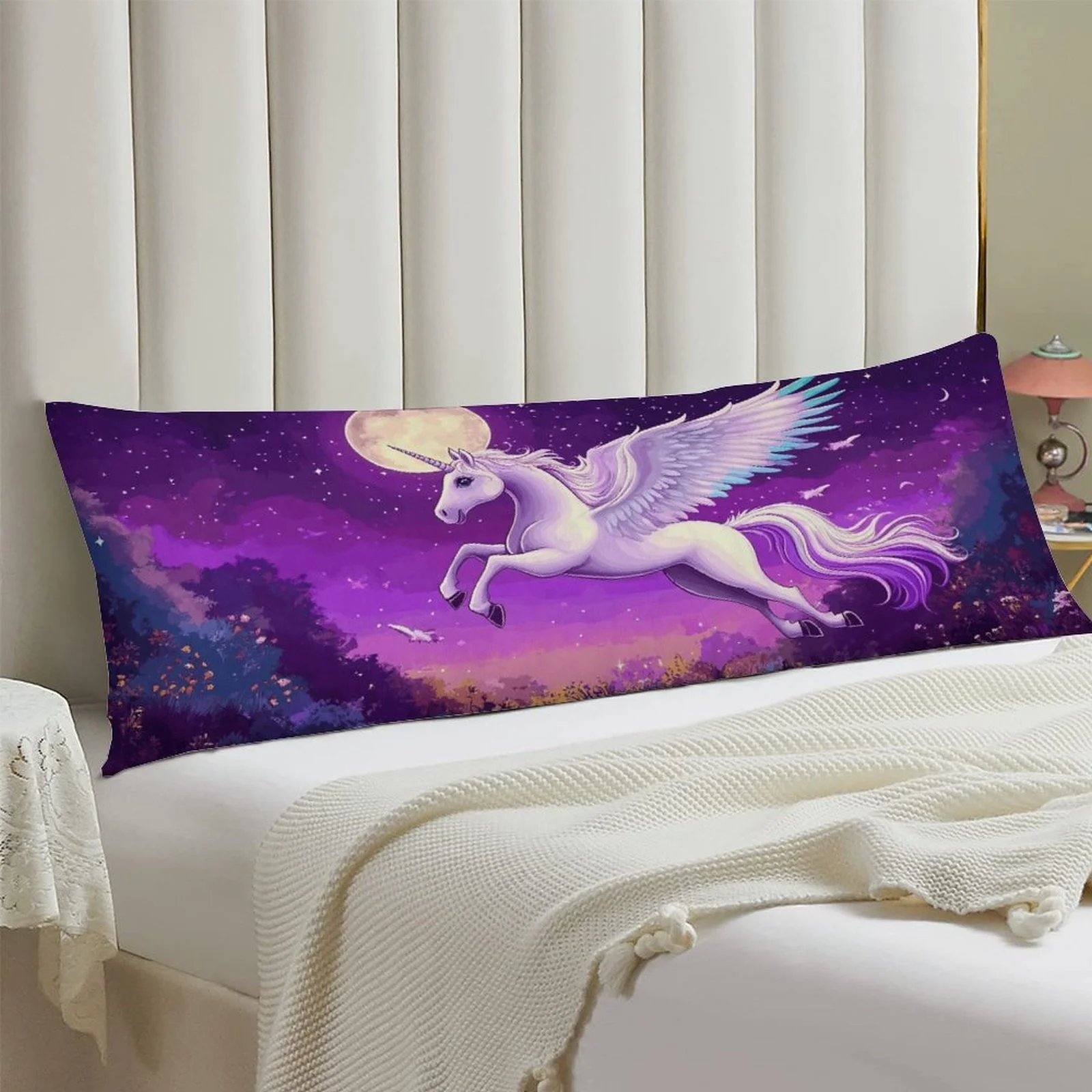 Extra-Long Unicorn Pillowcase Suitable for Standard Bed Frames - Oversized Flying Unicorn & Magic Night Sky Bedspread, Soft Flan