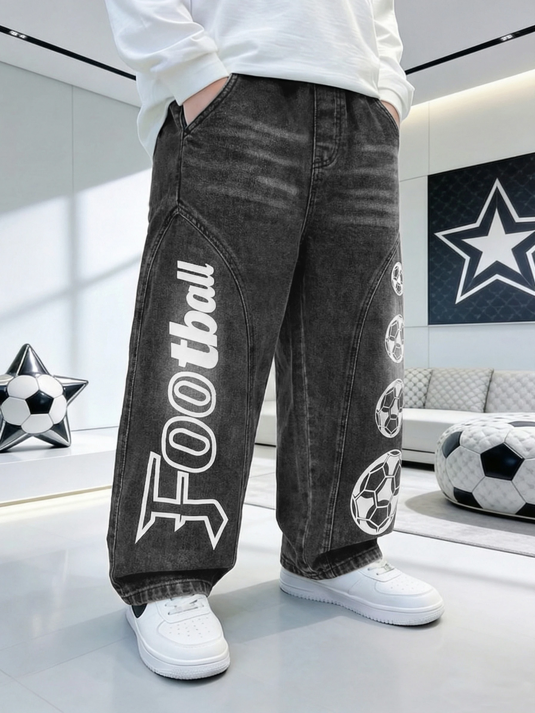 Original Boys' Jeans, Trendy Boys' Jeans with Large Football Print on the Side, Children's Clothing Pants with Football Lettering in English, Elastic Waist Children's Casual Jeans with Vertical Football Lettering on the Side, Comfortable and Suitable for Outings, School, Park Play, Summer, Parties, Children's Day, and Shopping.