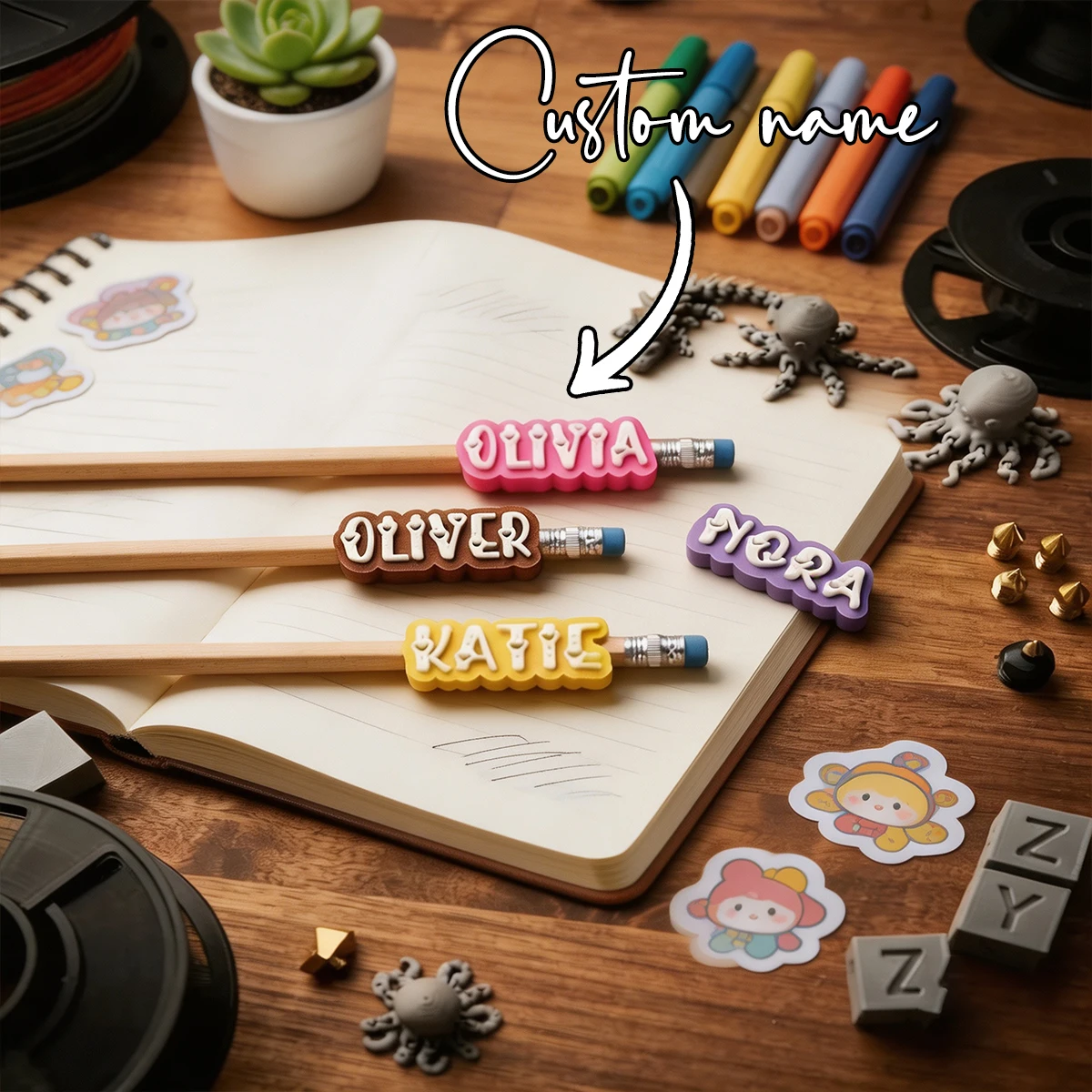 Custom 3D Print Pencil Topper Name Tags,Cute Heart Font Pencil Toppers Removable Labels for Standard Pencils Back to School Gift