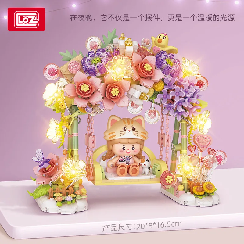 Spot LOZ Mini Small Particle Building Blocks Girl Flower Swing Building Blocks Assembly Movable Pendant Model Anime Collection