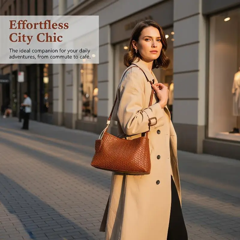 

For Daily Commute Shopping Retro Classic Woven Shoulder Bag Glossy Finish Magnetic Clasp PU Lightweight Versatile Handbag
