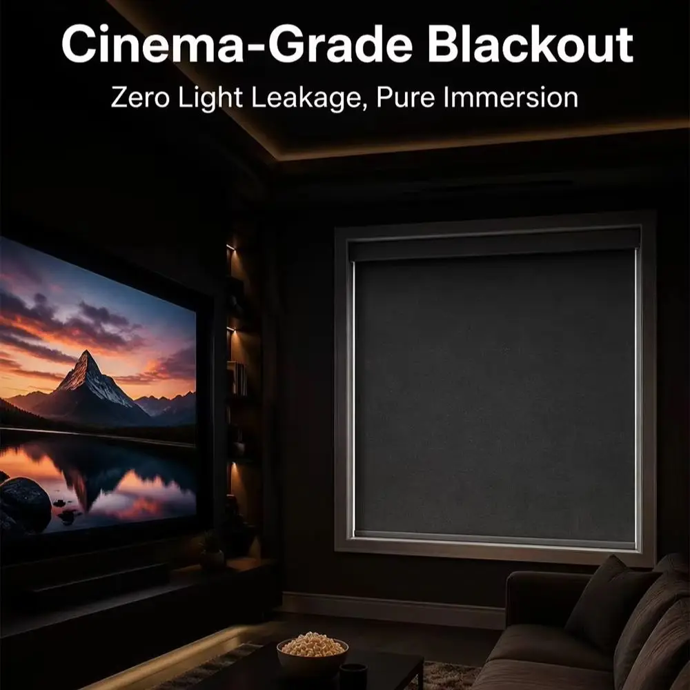 Home Theater Blackout Roller Blind with Side Channels, Total Blackout Window Shade Waterproof Mold Resistant Fabric
