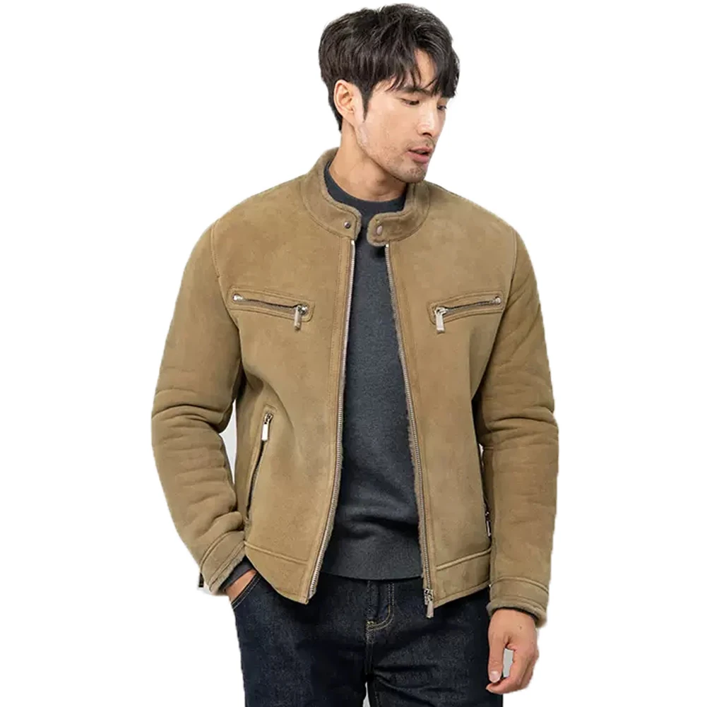 

Denny&Dora Mens Shearling Jacket Suede Shearling Jacket Men Khaki Winter Thick Warm Sheepskin Coat