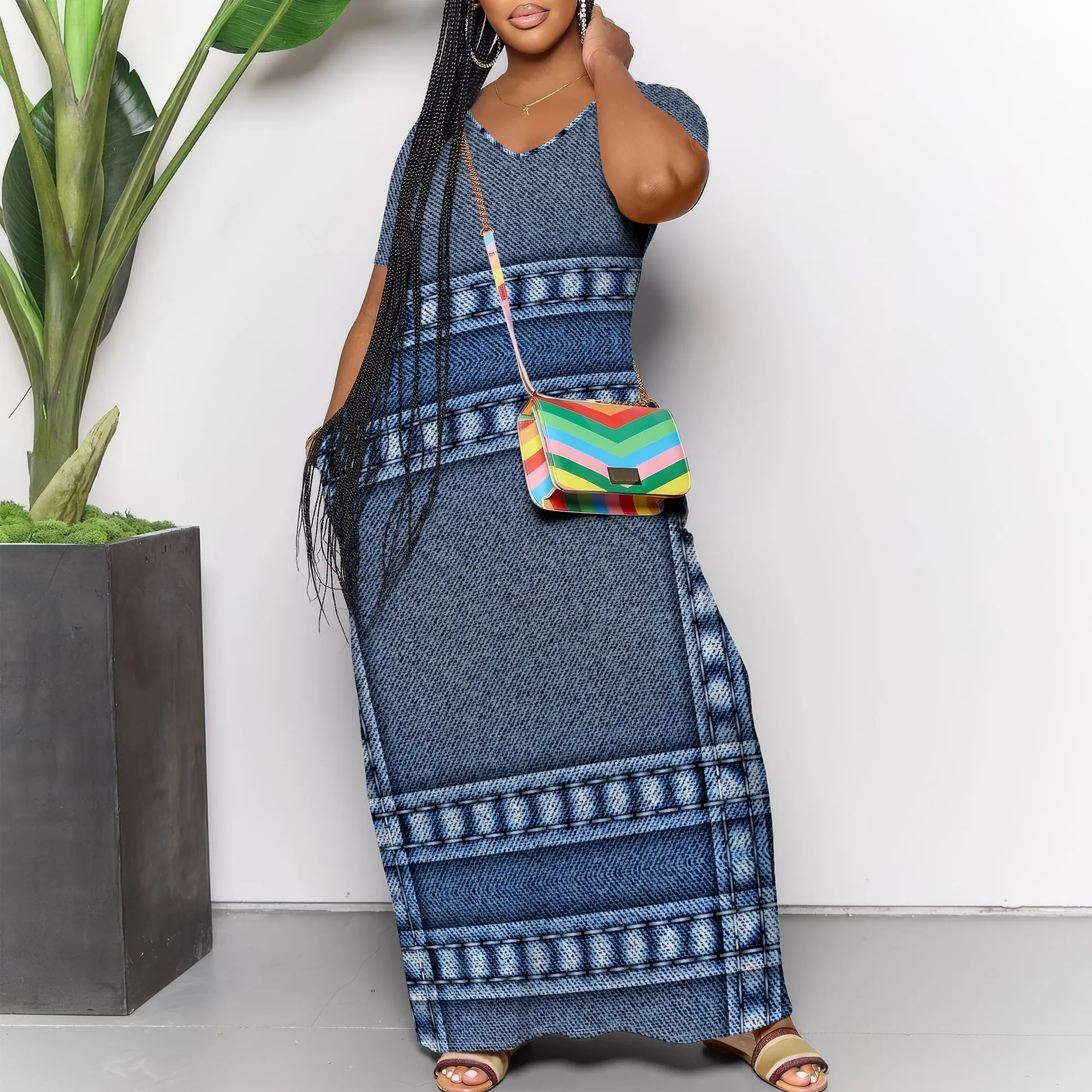 

Denim Print V-Neck Maxi Dress Jean Style Casual Loose Fit Summer Look