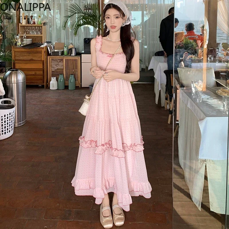 Onalippa Sweet Wood Ear Hem Dot Pink Dress elastico petto vita alta abiti Kawaii coreano A Line All Match Vestidos Women