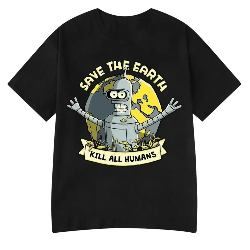T-shirt drôle « Sauvez la planète, tuez tous les humains » avec imprimé robot, pour hommes et femmes, à manches courtes, en coton, coupe oversize