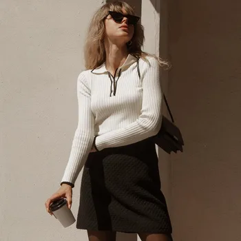 Talenza outono pulôver de malha feminino manga longa retalhos camisola superior apertado fundo colorblock lapela pulôver de malha topo